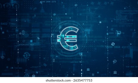 Blue digital money logo and futuristic circle HUD with big data processed on grid line background and technology ai icon screen abstract background crypto currency concepts
