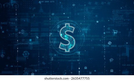 Blue digital money logo and futuristic circle HUD with big data processed on grid line background and technology ai icon screen abstract background crypto currency concepts