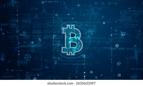 Blue digital money logo and futuristic circle HUD with big data processed on grid line background and technology ai icon screen abstract background crypto currency concepts