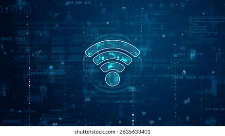 Blue digital WIFI logo and futuristic circle HUD with big data processed on grid line background and technology ai icon screen abstract background wireless connection concepts