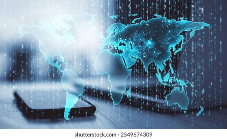 Blue digital world map with binary data overlaying a smartphone on a blurred background, representing international technology concepts