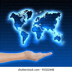 blue digital world map in hand