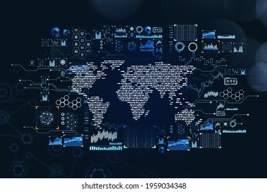 Blue digital world map hud, network icons and stock market changes, global connection in market. Concept of worldwide business and growing market