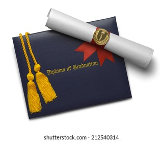 Blue Diploma Of Graduation Cover With Degree Scroll And Torch Medal With Honor Cords Isolated On White Background.