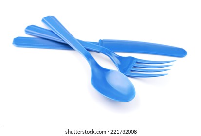 Blue Disposable Plastic Cutlery Isolated On White