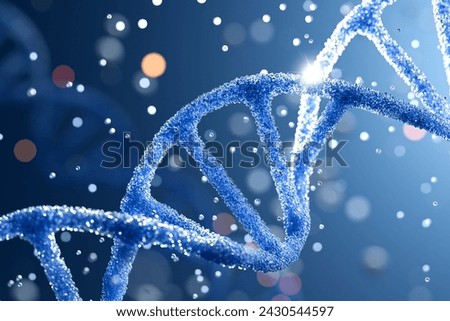 Blue DNA double helix with water molecule on blue background.