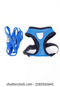 Blue Dog Harness With A Leash For Small Dogs Or Cats On White Background.