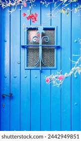 Blue door featuring a window with glass, with bouganvillea branches and petals. Typical door of the fishing villages of the Mediterranean coast, Catalonia, Spain.