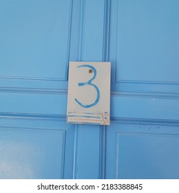 Blue Door With Number Three In Mykonos Island, Greece, Mediterranean. Number 3. 