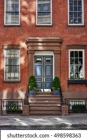 A Blue Door On An Old Historic Brownstone Building In Brooklyn, New York City.