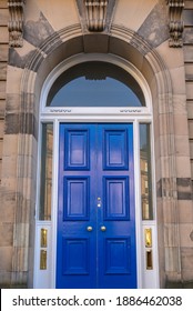 Blue Door Of A Tenement In West End Area Of Edinburgh City, Scotland, UK