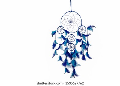 Blue Dream catcher with feathers and beads isolated on a white background, Fluffy dream catchers.