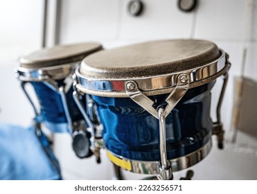 Blue drums in recording studio for hard beat perfomance closeup. Professional musical instrument for rock concerts - Shutterstock ID 2263256571