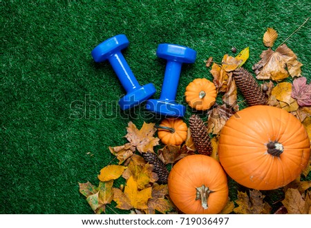Blue dumbbells and autumn leaves with pumpkin on green grass background