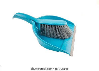 Blue Dust Pan And A Brush Isolated On White Background By Clipping Path