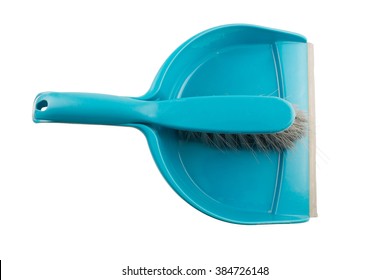 Blue Dust Pan And A Brush Isolated On White Background By Clipping Path