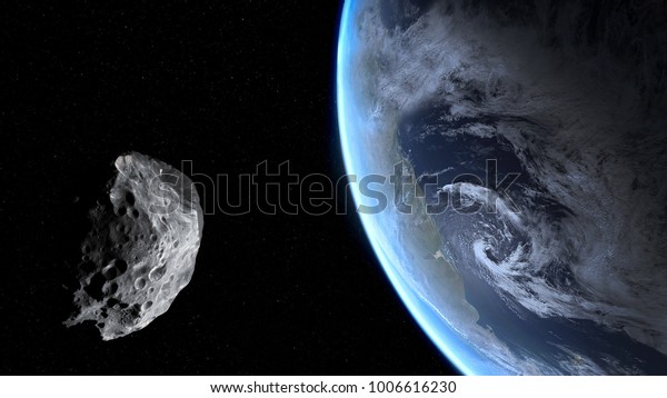 Blue Earth and asteroid. Dark\
background. Elements of this image furnished by\
NASA