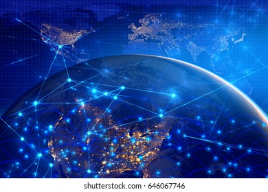 blue earth of global ai social network data technology web connecting link system in futuristic hologram style, telecommunication area, satellite signal link Elements of this image furnished by NASA