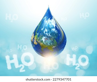 Blue Earth in Water Droplet Shape on white H2O text fly on blue background for World water Day concept .Elements of this image furnished by NASA.