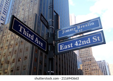 Blue East 42nd Street And Third 3rd Ave Historic Sign ( Jimmy Breslin Way ) In Midtown Manhattan In New York