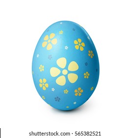 Blue Easter Egg With Yellow Flower Pattern Isolated On White Background. Clipping Path Included