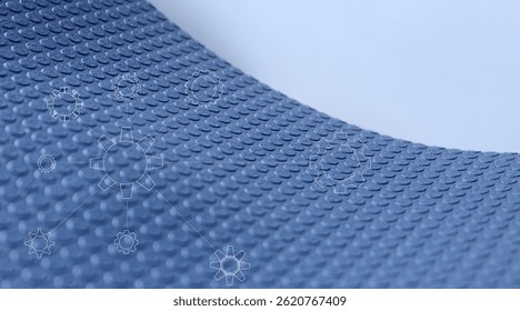 Blue elastic insulation material under thin contours of mechanical draw project with cogwheels and connection lines. Stock Image for abstract mechanical illustration 
