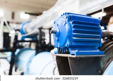 Blue Electric Motor In A Student Laboratory In An European Technical University. Facility Designed For Educational Research, Tests And Exams.