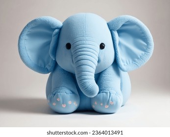Blue elephant toy isolated on white background with shadow reflection. plush elephant toy for kids. Elephant plushie doll stuffed puppet on white backdrop.