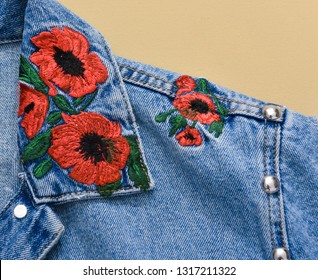 Blue Embroidered Floral Jacket Jeans S With A Seam.-front View

