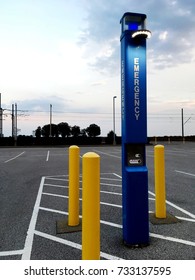 Blue Emergency Safety Call Box In Parking Lot