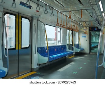 Blue Empty Mass Rapid Transit Train Plastic Bench