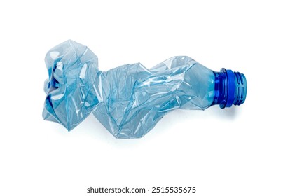 Blue Empty Plastic Bottle Isolated, Crumpled Plastic Bottle, Global Pollution Concept, Squashed Water Pet Bottles on White Background