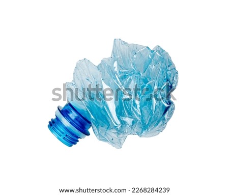 Blue Empty Plastic Bottle Isolated, Crumpled Plastic Bottle, Global Pollution Concept, Squashed Water Pet Bottles on White Background