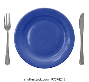 Blue Empty Plate With Fork And Knife