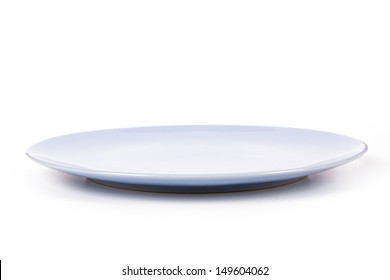 Blue, Empty Plate, Side View, Isolated On White Background.