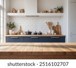 blue Empty wooden table with the bright white interior minimal of the kitchen as a blurred background behind the bokeh golden sunshine