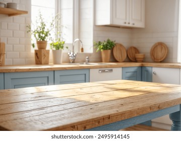 blue Empty wooden table with the bright white interior of the kitchen as a blurred background behind the bokeh golden sunshine - Powered by Shutterstock