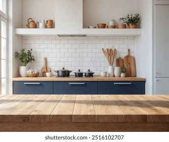 blue Empty wooden table with the bright white interior minimal of the kitchen as a blurred background behind the bokeh golden sunshine