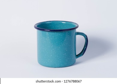 Blue Enamel Mug Isolated, White Background