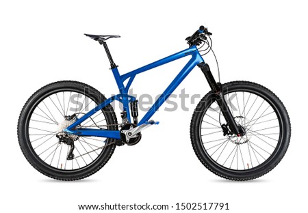 blue enduro carbon all mountain bike with full supsension and aluminum wheels. fully mountainbike for offroad bicycle extreme sport isolated on white background