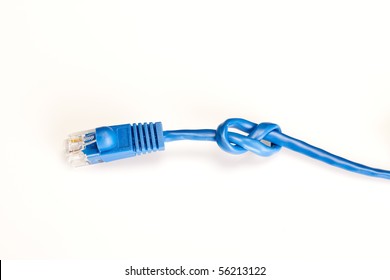 A Blue Ethernet Cable Isolated On A White Background With A Knot In The Cord