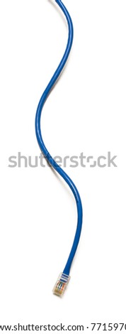 Blue ethernet cable isolated on white with soft shadow.
