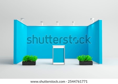 A blue exhibition booth setup with a central podium and green plants on both sides, illuminated by spotlights. Ideal for eco-friendly brand displays.