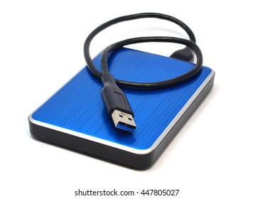 Blue external hard drive for data storage and security - isolated on white background