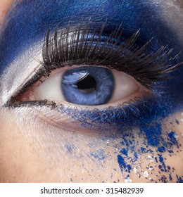 Blue Eye With Fantasy Fashion Make Up. Close Up Studio Shooting. Beauty And High End Fashion Make Up