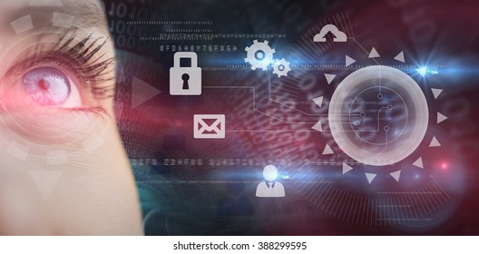 Blue eye looking up on female face against binary spiral with blue glow