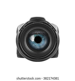 Blue Eye Looking Through Unbranded Digital Camera Lens. Isolated Over White.