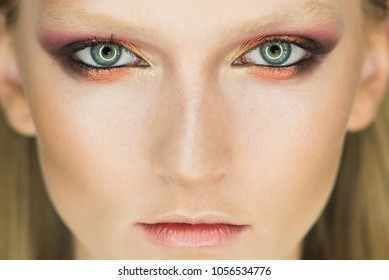 Blue Eye Of Woman With Beautiful Golden Shades And Black Eyeliner Makeup. Classic Make Up. Perfect Brows Nose And Lips. Look