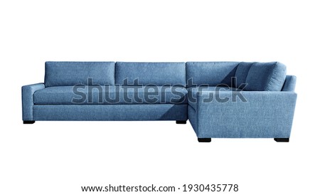 Blue fabric angular sofa on dark wooden legs isolated on white background. Series of furniture