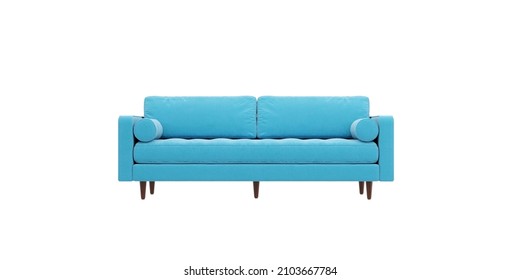 Blue Fabric Color Sofa Comfy On White Background. Front View.